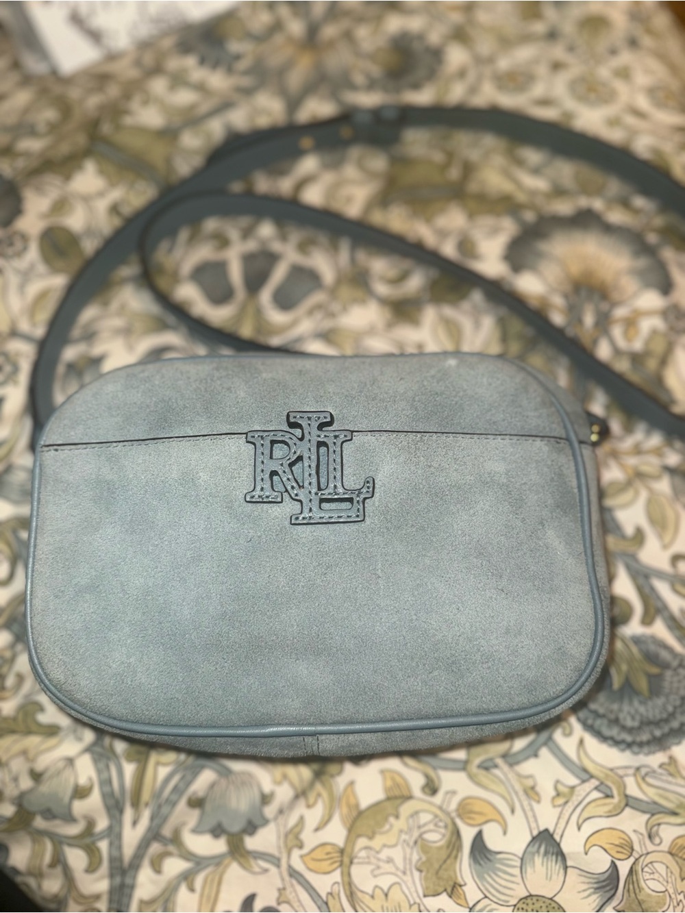 Ralph Lauren Pale Powder Blue Suede RL Logo Crossbody Bag